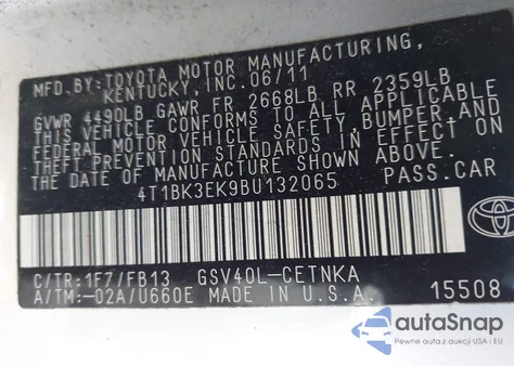 2011 Toyota Camry Le V6 z USA, uszkodzony, nr VIN 4T1BK3EK9BU132065